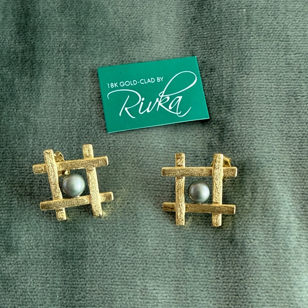 Rivka Friedman Gold-Tone Grid Pearl Earrings